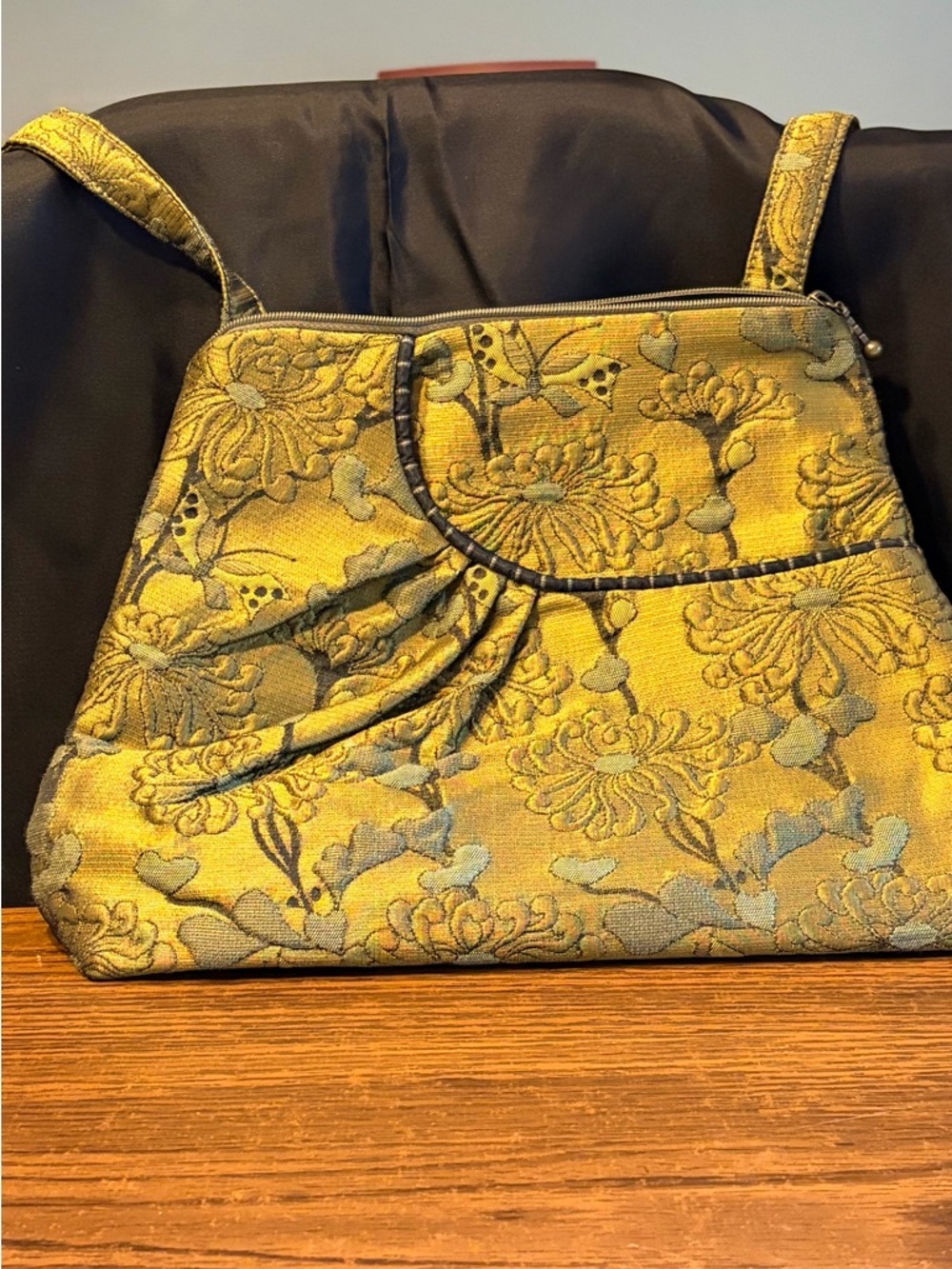 Textured Green Floral Brocade Shoulder Bag